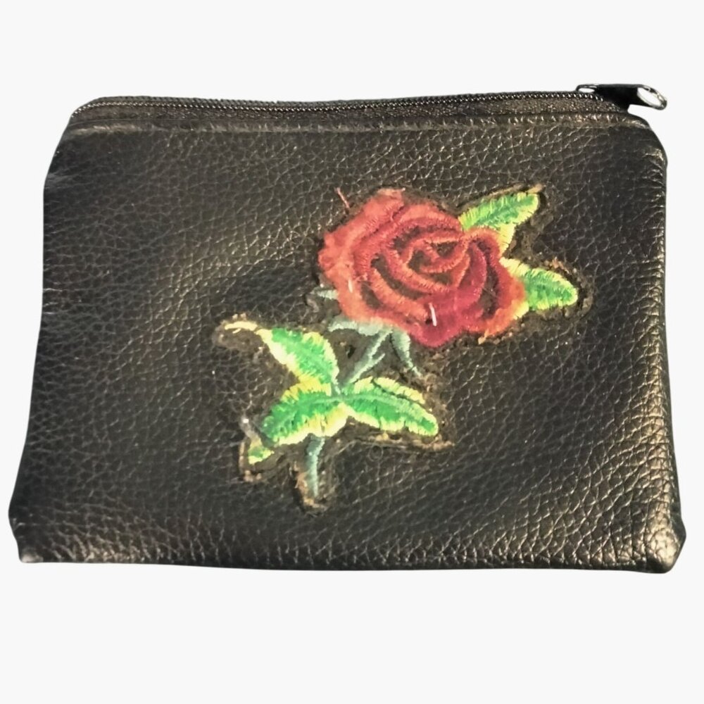Black Faux Leather Coin Purse Embroidered Red Rose Zipper